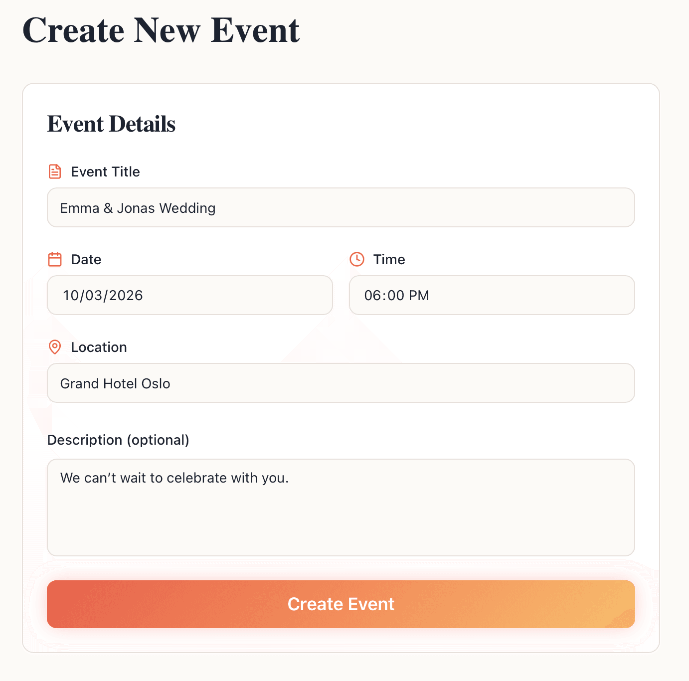 Create event form in Remivite