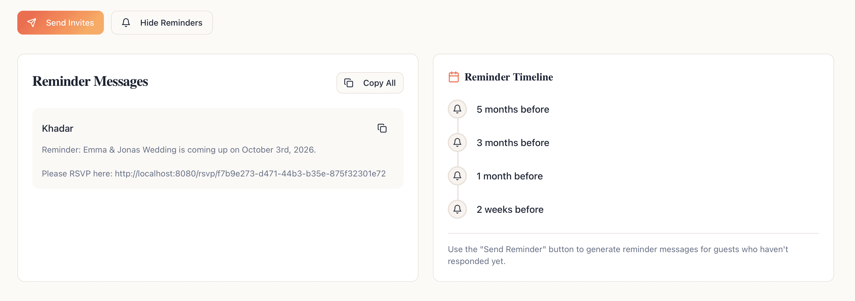 Reminder timeline and messages in Remivite