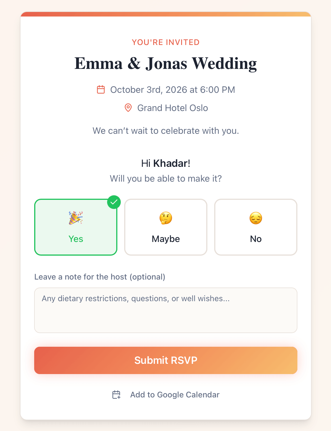 Guest confirmation card in Remivite